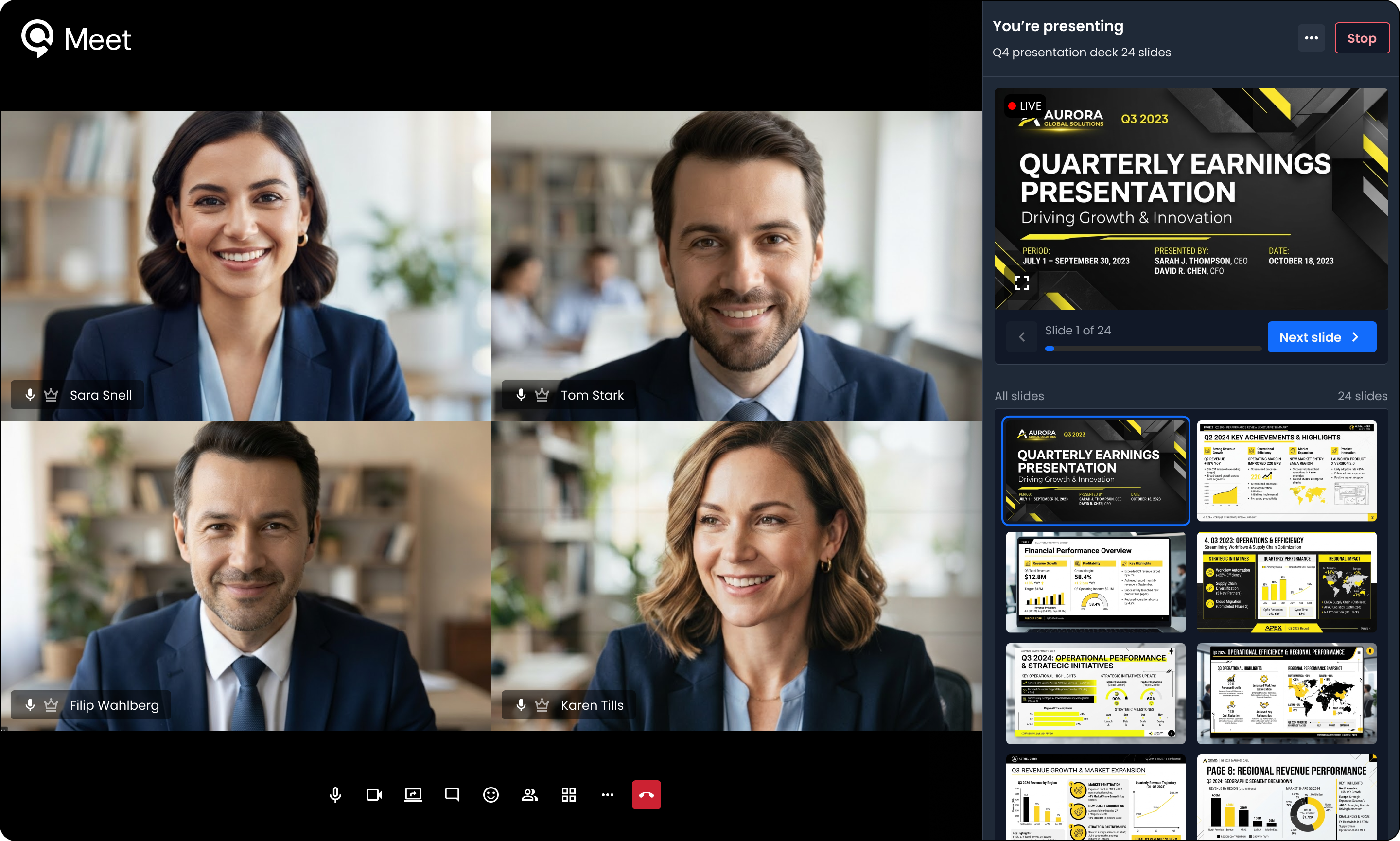 Presenter view — video, slides and participants in one place